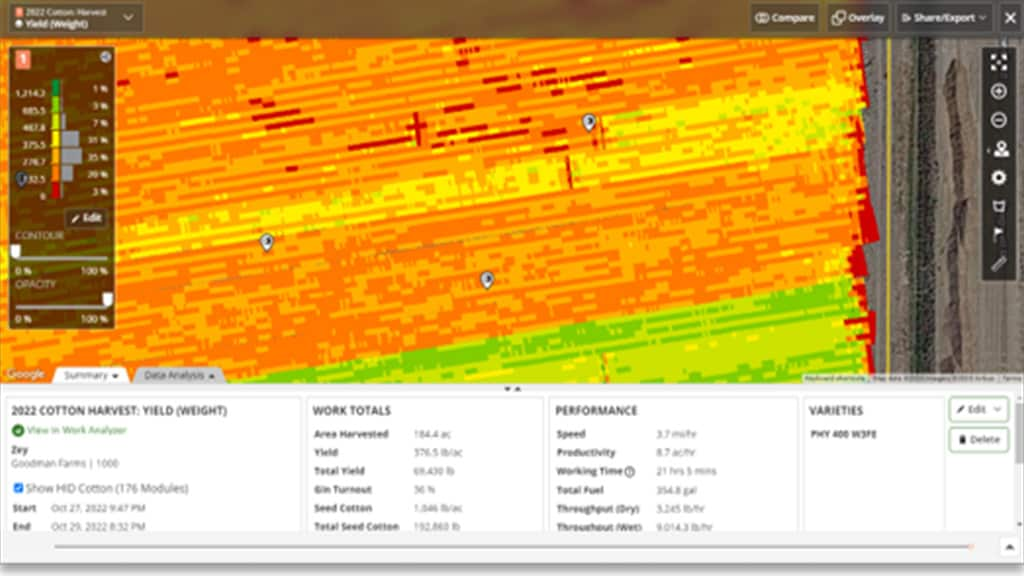 Screenshot of John Deere Operations Center™ showing Row by Row documentation of yield data